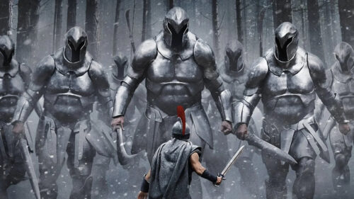 Epic Spartan Warrior Against Armored Giants 4K Desktop Wallpaper