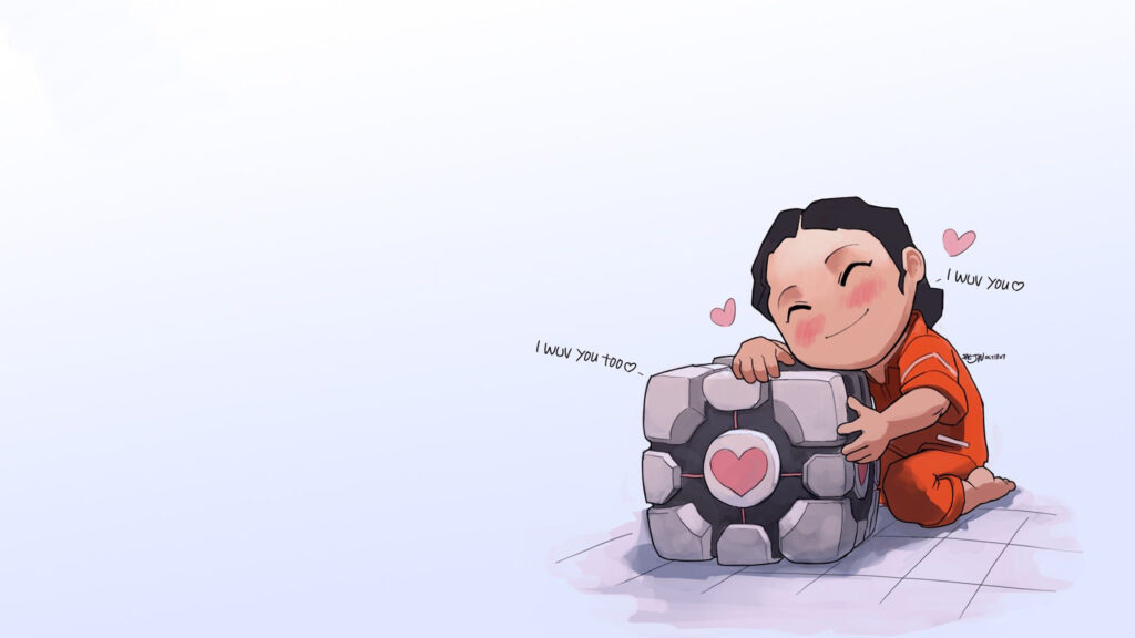 Chell and Companion Cube Chibi Art Desktop Wallpaper