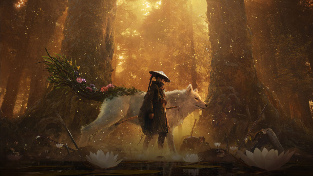 Fantasy Samurai and Spirit Wolf 4K Desktop Wallpaper