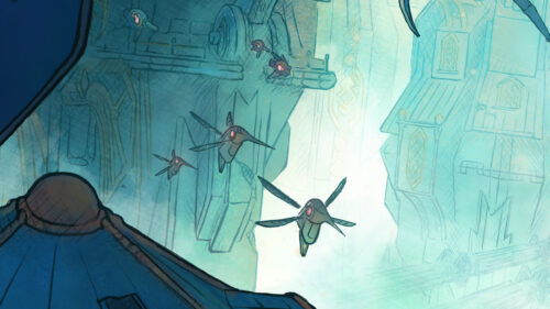 Sci-Fi Mechanical Hummingbirds in a Floating City Desktop Wallpaper
