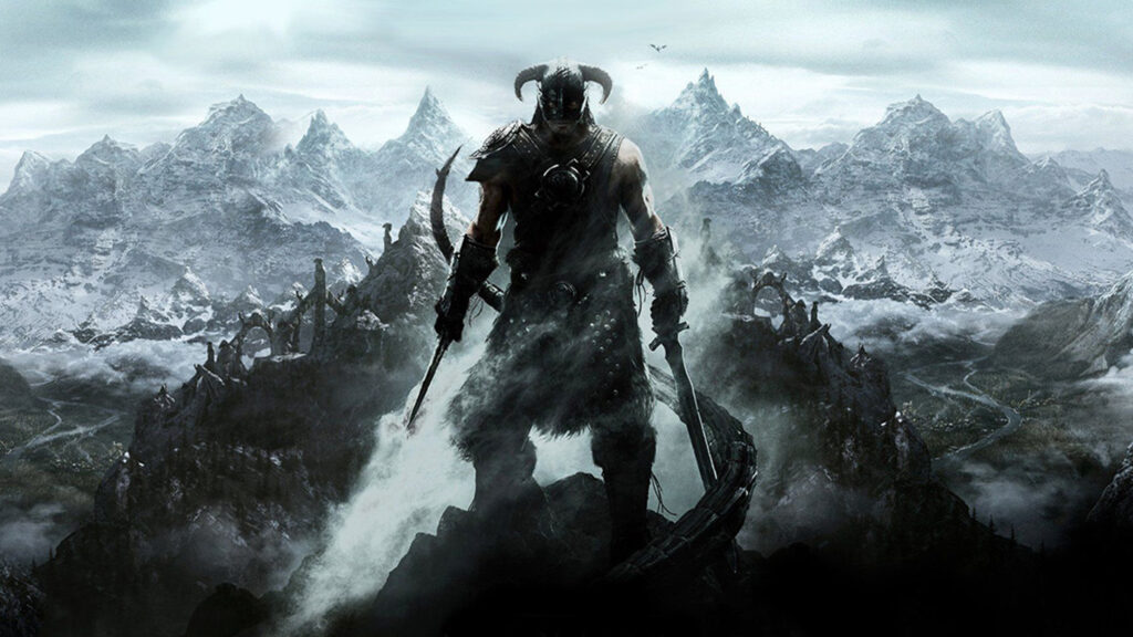 The Dragonborn Standing on Mountain Peak Desktop Wallpaper