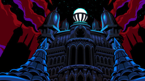 Gothic Night Castle Under Red Skies Desktop Wallpaper