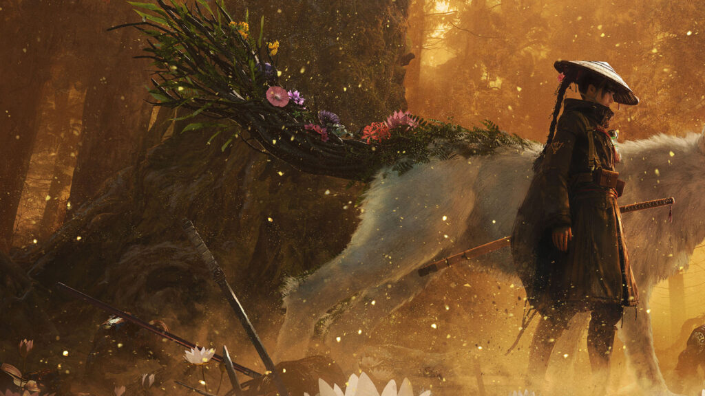 Samurai with Mythical Wolf in Golden Forest Desktop Wallpaper
