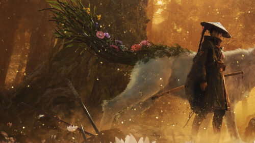 Samurai with Mythical Wolf in Golden Forest Desktop Wallpaper