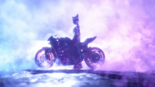 Cyberpunk Biker Girl in Neon Fog 4K Desktop Wallpaper