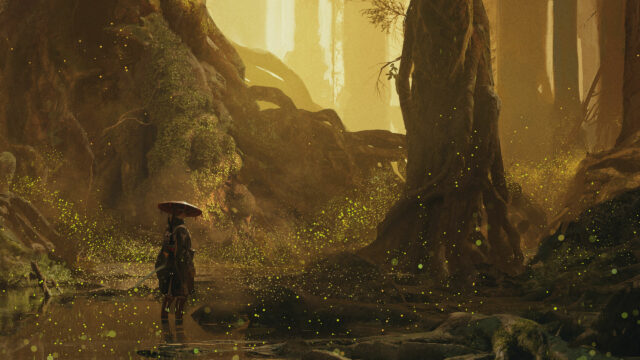 Warrior with Umbrella in Golden Firefly Forest Desktop Wallpaper