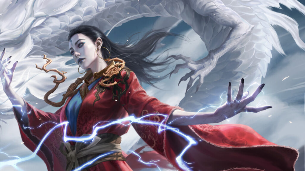 Fantasy Sorceress with White Dragon 4K Desktop Wallpaper
