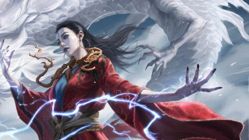 Fantasy Sorceress with White Dragon 4K Desktop Wallpaper