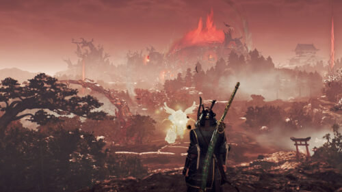 Ethereal Samurai Overlooking Crimson Land Desktop Wallpaper