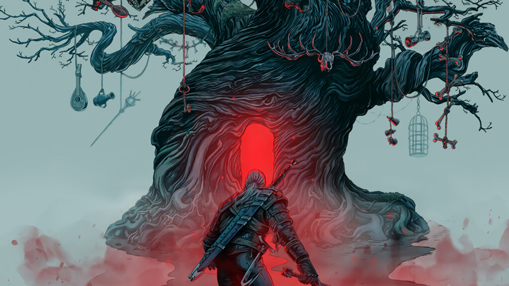 Geralt at the Haunted Tree Fantasy Desktop Wallpaper