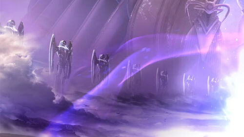 Futuristic Alien Architecture and Robotic Figures Desktop Wallpaper