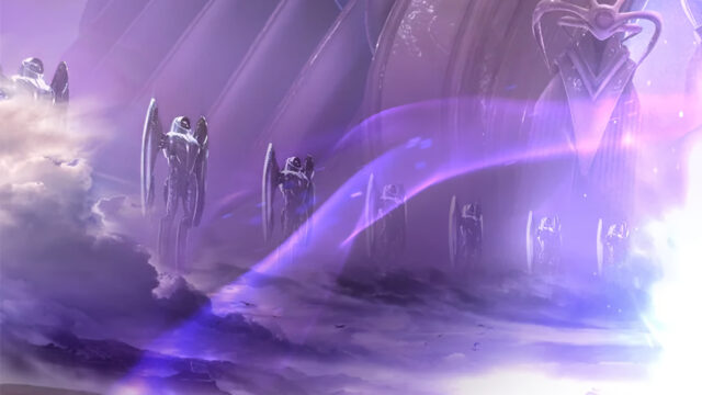 Futuristic Alien Architecture and Robotic Figures Desktop Wallpaper