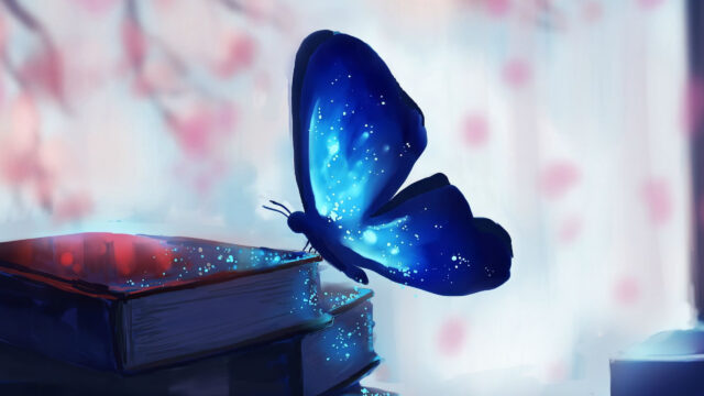 Glowing Galaxy Butterfly Perched on Old Books Desktop Wallpaper
