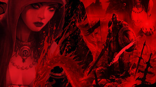 Dark Fantasy Red Knight and Sorceress 4K Wallpaper