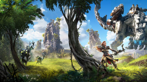 Aloy Facing a Thunderjaw in Horizon Zero Dawn Desktop Wallpaper