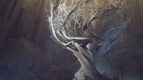 Ethereal Twisted Silver Tree in Ancient Stone Canyon Desktop Wallpaper