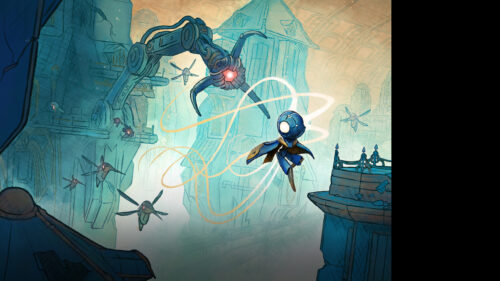 Blue Mechanical Guardian and Flying Drones Desktop Wallpaper