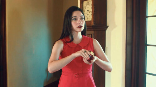 Woman in Red Dress Holding an Apple Desktop Wallpaper