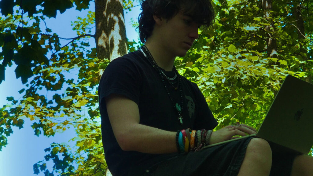 Young Man Working on Laptop Under Trees Desktop Wallpaper