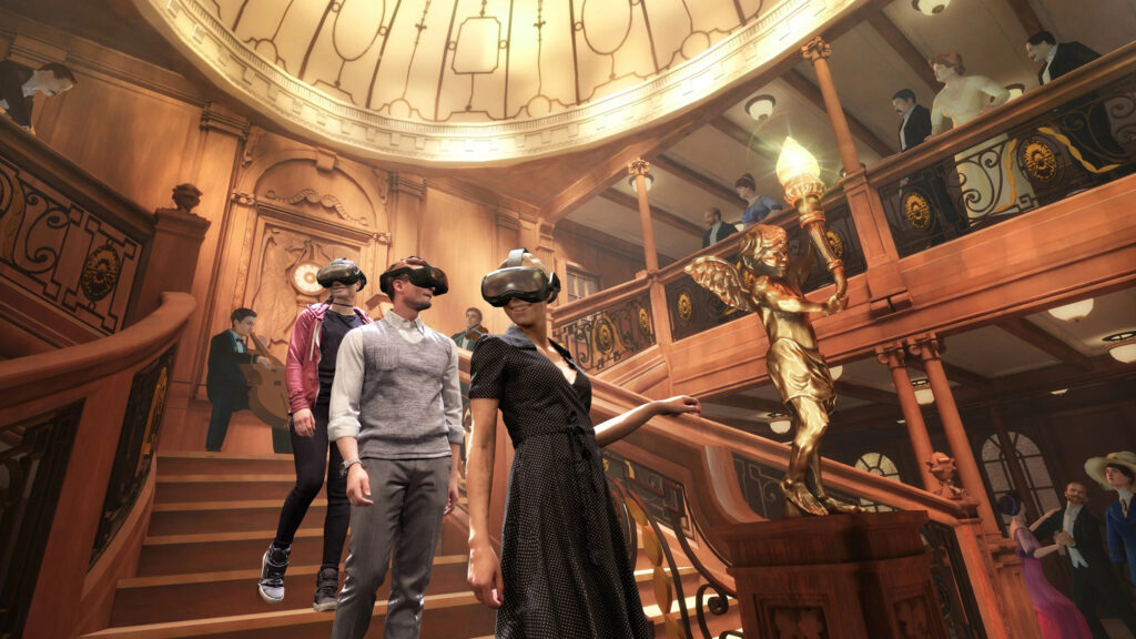VR Users Exploring a Digital Grand Staircase Desktop Wallpaper