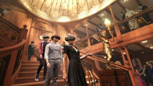 VR Users Exploring a Digital Grand Staircase Desktop Wallpaper
