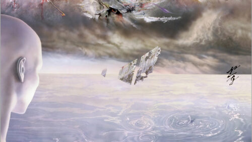 Surreal Dreamscape Figure Over Vast Waters Desktop Wallpaper