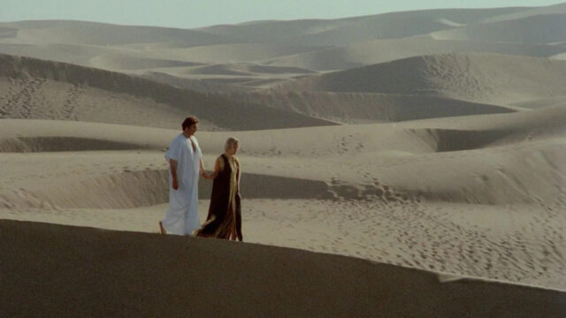 A Man and Woman Walking in the Desert Desktop Wallpaper