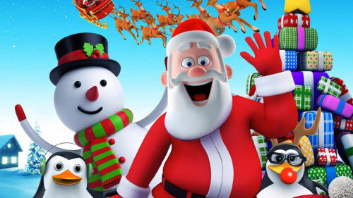 Festive Santa Claus with Snowman and Penguins Desktop Wallpaper