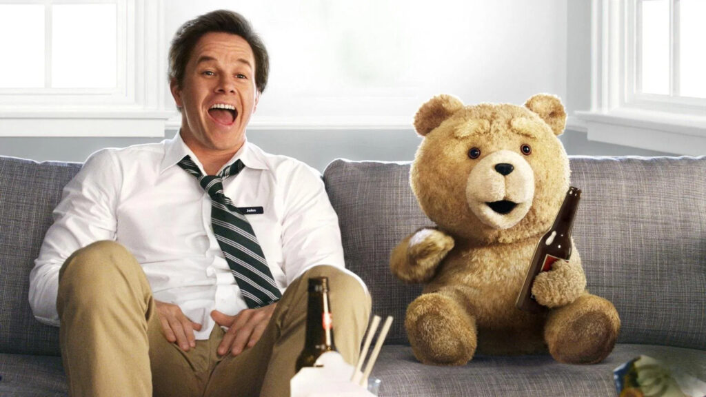 Mark Wahlberg and Ted Relaxing on a Couch Desktop Wallpaper