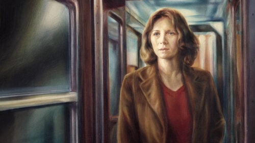 Woman Standing in a Train Carriage Desktop Wallpaper