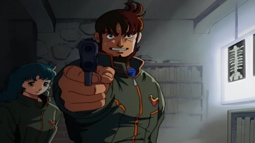 Anime Man Aiming Handgun Beside Woman Desktop Wallpaper
