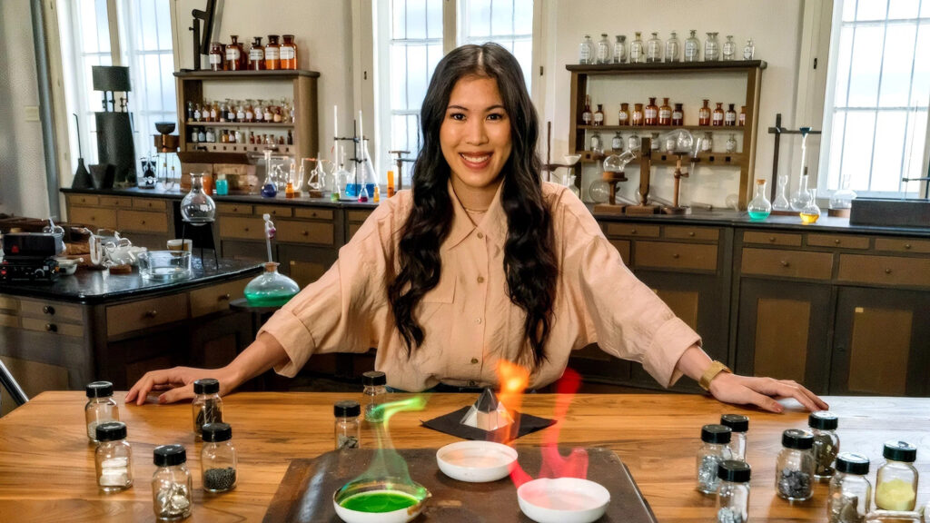 Woman Conducting Chemistry Experiment Desktop Wallpaper
