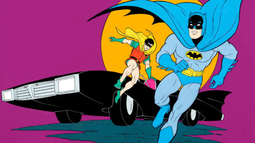 Batman and Robin Running in Front of the Batmobile Desktop Wallpaper