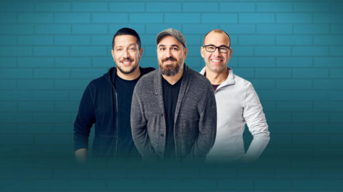 Impractical Jokers Trio Against Blue Brick Wall Desktop Wallpaper
