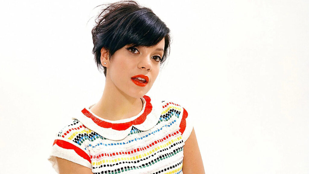 Lily Allen Portrait in a Colorful Knit Top Desktop Wallpaper