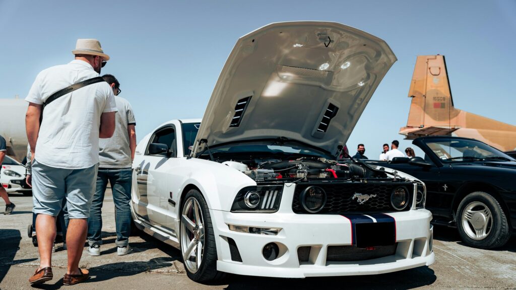 White Modified Ford Mustang Car at Air Show Desktop Wallpaper
