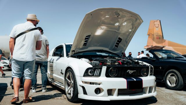 White Modified Ford Mustang Car at Air Show Desktop Wallpaper