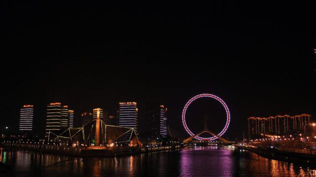 Tianjin Eye Ferris Wheel Night Skyline Over Hai River 4K Wallpaper
