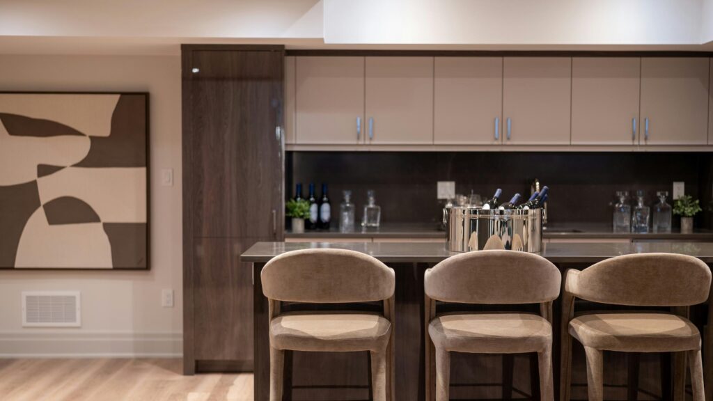 Modern Luxury Home Bar Interior with Elegant Bar Stools 4K Wallpaper