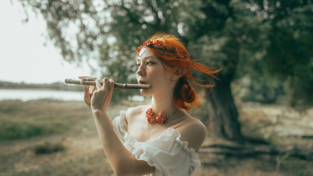 Ethereal Red-Haired Elf Playing Bamboo Flute Fantasy 4K Wallpaper