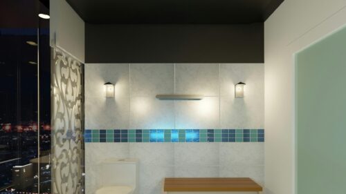 Modern Luxury Bathroom Interior with Blue Tile Accents Desktop Wallpaper