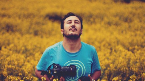 Serene Photographer Standing in Vibrant Yellow Field Desktop Wallpaper