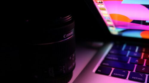 Canon Camera Lens and Laptop Tech Aesthetic 4K Desktop Wallpaper