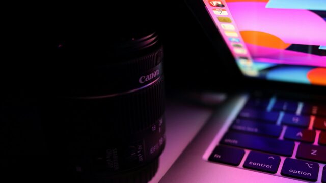 Canon Camera Lens and Laptop Tech Aesthetic 4K Desktop Wallpaper