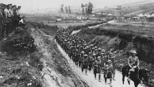 WWI Soldiers Marching in Battle Trench Historical 4K Desktop Wallpaper
