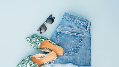 Summer Fashion Flat Lay with Denim Shorts and Tropical Sandals Desktop Wallpaper
