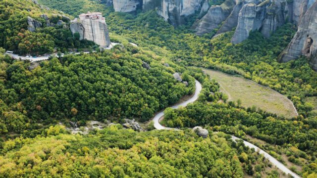 Meteora Monastery Greece Aerial View Scenic Forest Landscape 4K Wallpaper