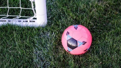 Vibrant Pink Soccer Ball on Green Grass Desktop Wallpaper