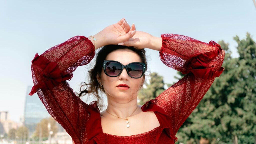 Stunning Woman in Red Lace Dress Portrait 4K Desktop Wallpaper