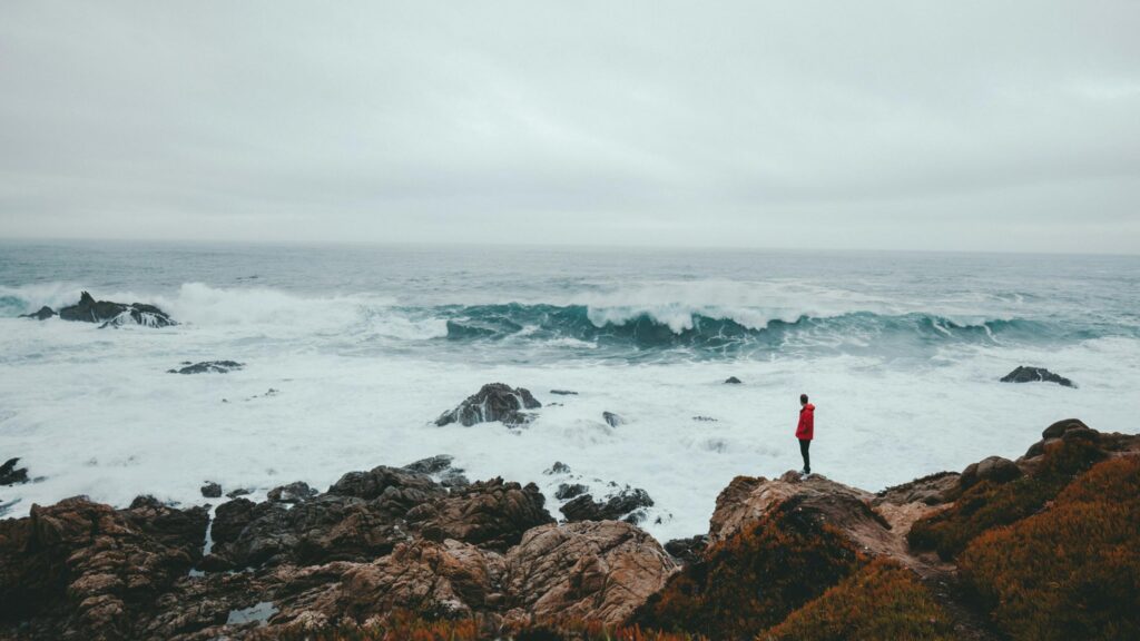 Person in Red Jacket Standing on Rocky Coast Ocean View 4K Wallpaper